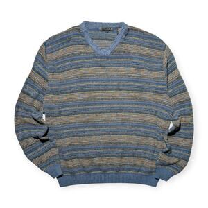 Textured Stripe Knit V-Neck Sweater Blue Multi Cotton Blend Men’s XL